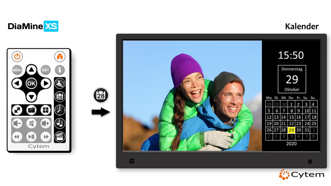 Digitaler Bilderrahmen, Fotorahmen Cytem DiaMine XS. Der Kalender und die Uhrzeit können jederzeit einfach per Fernbedienung während einer Diaschau ein- oder ausgeschaltet werden.